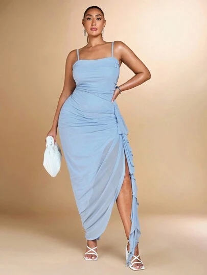 SHEIN BAE Plus Size Women's Long Green Mesh Cami Dress With Ruffle Trim, Ideal For A Romantic Getaway Or An Elegant Party,Birthday Dresses For Women