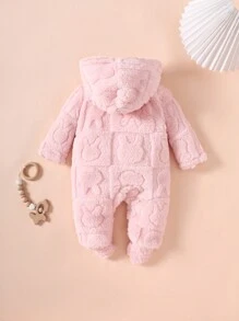 SHEIN 女婴粉色纯色羊毛连帽连脚睡衣，可爱的冬装 - 淺粉色 - 查看 2