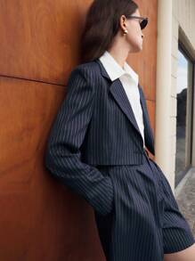 BizChic 女士商务办公工作服复古风格条纹短裤套装，秋季 - 藏蓝色 - 查看 7
