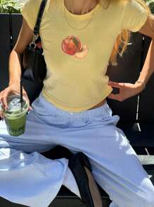 INAWLY 夏季Y2K桃子印花嬰兒T恤女款 - 黃色 - 查看 3