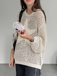 SHEIN Essnce 女士休闲时尚老款女式圆领毛衣，前中星提花镂空毛衣，长袖女士白色上衣，超大毛衣，秋季毛衣，学院风上衣，秋季女装 - 杏色 - 查看 4