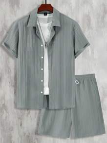 Manfinity Homme Men's Simple Plain Color Short Sleeve T-Shirt And Shorts Set For Daily Wear - Light Grey - View 6