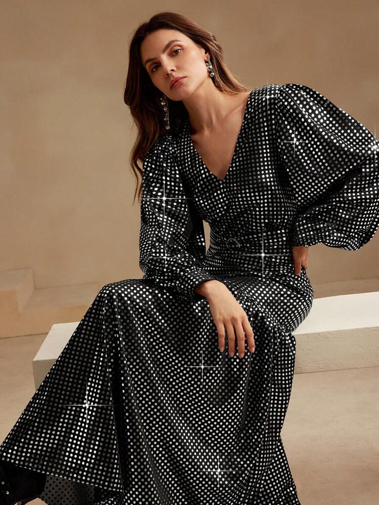 Women's Elegant Gold Foil Polka Dot V-Neck Puff Lantern Sleeve Midi Dress