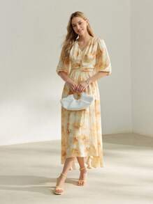 MOTF PREMIUM ALLOVER FLORAL PRINT V-NECK LANTERN SLEEVE RUCHED WAIST DRESS - Yellow - View 8
