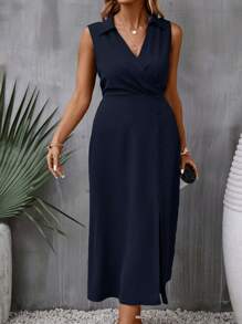 Flirla Đầm không tay quấn cổ chéo màu trơn cỡ lớn - Màu xanh hải quân - Xem 3