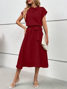 SHEIN Clasi 女士純色簡約日常穿搭肩帶連身裙 - 酒紅色 - 查看 3