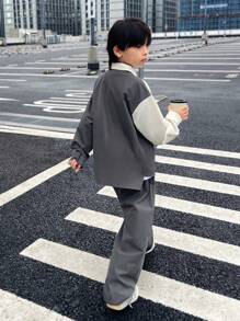 SHEIN Little Byeori 童裝休閒韓版可愛拼接下襬對比色釦領針織衫和純色梭織褲兩件套