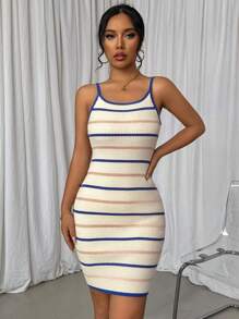 Chiquease 女性條紋休閒無袖毛衣連衣裙，春季/夏季款