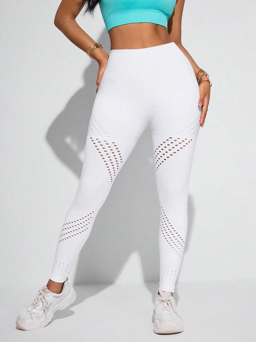 Seamluxe SHEIN Sport Mallas deportivas sin costuras para mujer con cintura alta y huecos, de unicolor - Blanco - Ver 1