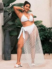 SHEIN Swim Curve 大码纯色性感网眼罩衫夏季 - 白色 - 查看 4