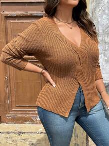 SHEIN LUNE Plus Size Women's Solid Color Simple Daily Long Sleeve Sweater Pullover Knit Pullover Fall Winter Outfit