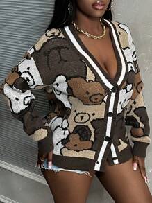 Slaydiva Casual Home Bear Printed Front Buttoned Long Sleeve Knitted Cardigan,Long Sleeve Tops In Fall/Winter - Multicolor - View 6