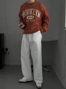 DAZY Men's Casual Letter Printed Round Neck Long Sleeve Orange Sweater, Autumn - Orange - View 4