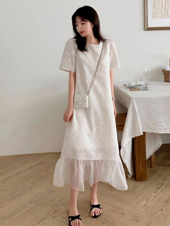 DAZY Women's Summer Elegant Color-Block Texture Short Sleeve Dress,Ruffle