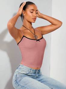 SHEIN BAE 女士撞色蕾丝蝴蝶结装饰背心 - 粉色 - 查看 2