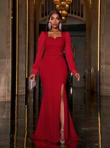 Faeriesty Square Collar Split Thigh Mermaid Hem Belted Formal Dress - Red - View 3