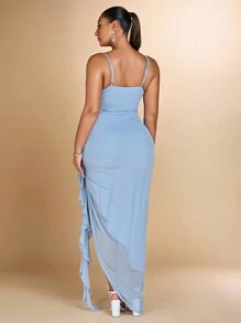 SHEIN BAE 大码女式长款绿色网眼吊带连衣裙，带荷叶边饰边，适合浪漫度假或优雅派对，女士生日礼服 - 淺藍色 - 查看 2