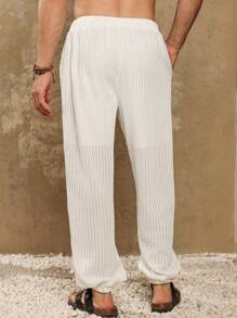 Genlund Quần dài vải lanh sọc dọc thoải mái mùa hè cho nam, quần dài rộng rãi, thoáng khí, màu trắng, quần dài ống rộng, quần trắng - trắng - Xem 8