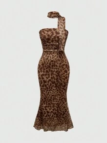 ROMWE J-Fashion Women's Summer Fashionable Leopard Print Mermaid Strapless Dress, For New Year