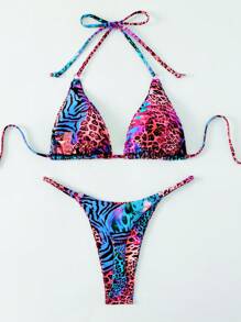 SHEIN Swim Set de 2 piezas de traje de baño de mujer con estampado animal, patrón impreso al azar para verano