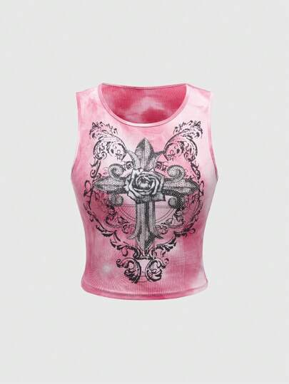 Grunge Punk Top Corto Vintage Y2K con stampa di croce, rosa e strass, effetto tie-dye, per donne