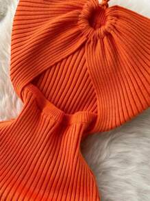 INAWLY Áo len nữ màu trơn đơn giản mặc hàng ngày có dây - trái cam - Xem 3