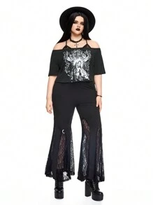 ROMWE Grunge Punk Plus Size Gothic 2 In 1 Virgin Mary Printed Short Sleeve T-Shirt, School - Black - View 3