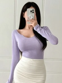 DAZY Women's Solid Color Slim Fit Long Sleeve T-Shirt With V-Neckline For Spring/Summer - Violet Purple - View 4