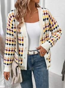 SHEIN LUNE Women's Colorful Minimalist Daily Buttoned Long Sleeve Cardigan - Multicolor - View 3