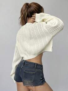 Flirla Ladies' Solid Color Simple Daily Long Sleeve Cardigan - White - View 2