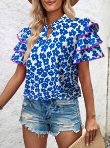 SHEIN LUNE Áo Sơ Mi Nữ Tay Ô Dù Họa Tiết Hoa Viền Ren (In Ngẫu Nhiên) - Màu xanh lam - Xem 3