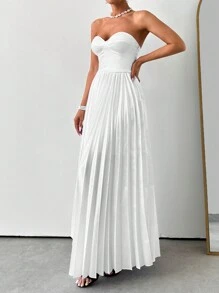 EURMUSE Váy quây màu sắc thanh lịch Corset eo xếp li chắp vá - trắng - Xem 7