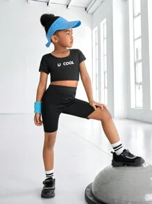 SHEIN Conjunto de treino diário para ioga e fitness para meninas, camiseta e shorts de manga curta com estampa de letras estilosas, elástico, agradável à pele, respirável, absorvente de suor, preto