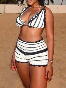 Women Stripe Arc Neck Knit Top And Knit Shorts Set - Black and White - View 5