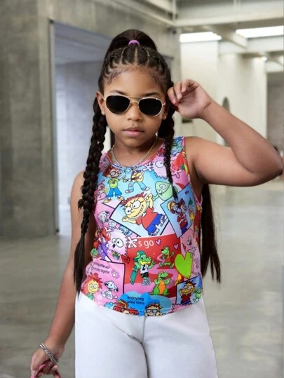 SHEIN Tween女孩擴大尺寸針織小花圓領無袖背心，街頭風格，春夏季