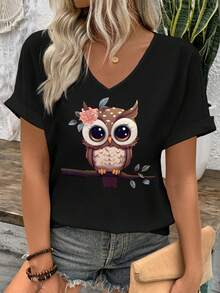 SHEIN LUNE Áo thun nữ tay ngắn cổ chữ V cỡ lớn mùa hè - màu đen - Xem 3