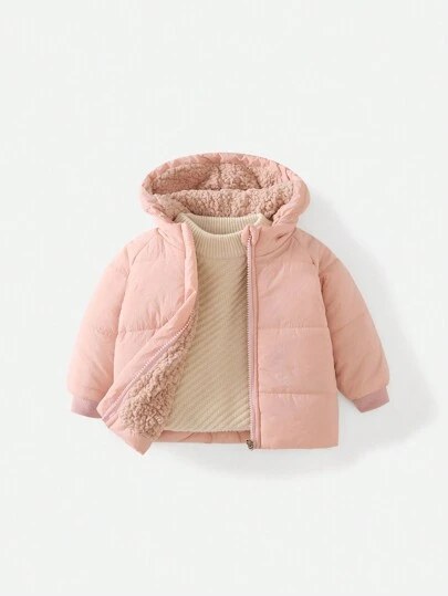 SHEIN Playful Pals 幼儿婴儿女孩休闲收腰蝴蝶结装饰口袋泰迪熊衬里轻质长袖拉链加垫连帽夹克，冬季外套，6M-3T