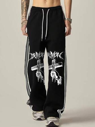 Prep Pantalones con cordón en la cintura y diseño de rayas de contraste para uso casual diario, escuela, para hombres