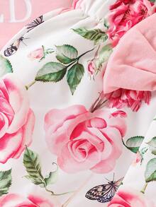 Conjunto de body y shorts para bebé niña con diseño de flores impresas, moño 3D y lazo, body de manga corta rosa para primavera/verano - Multicolor - Ver 7