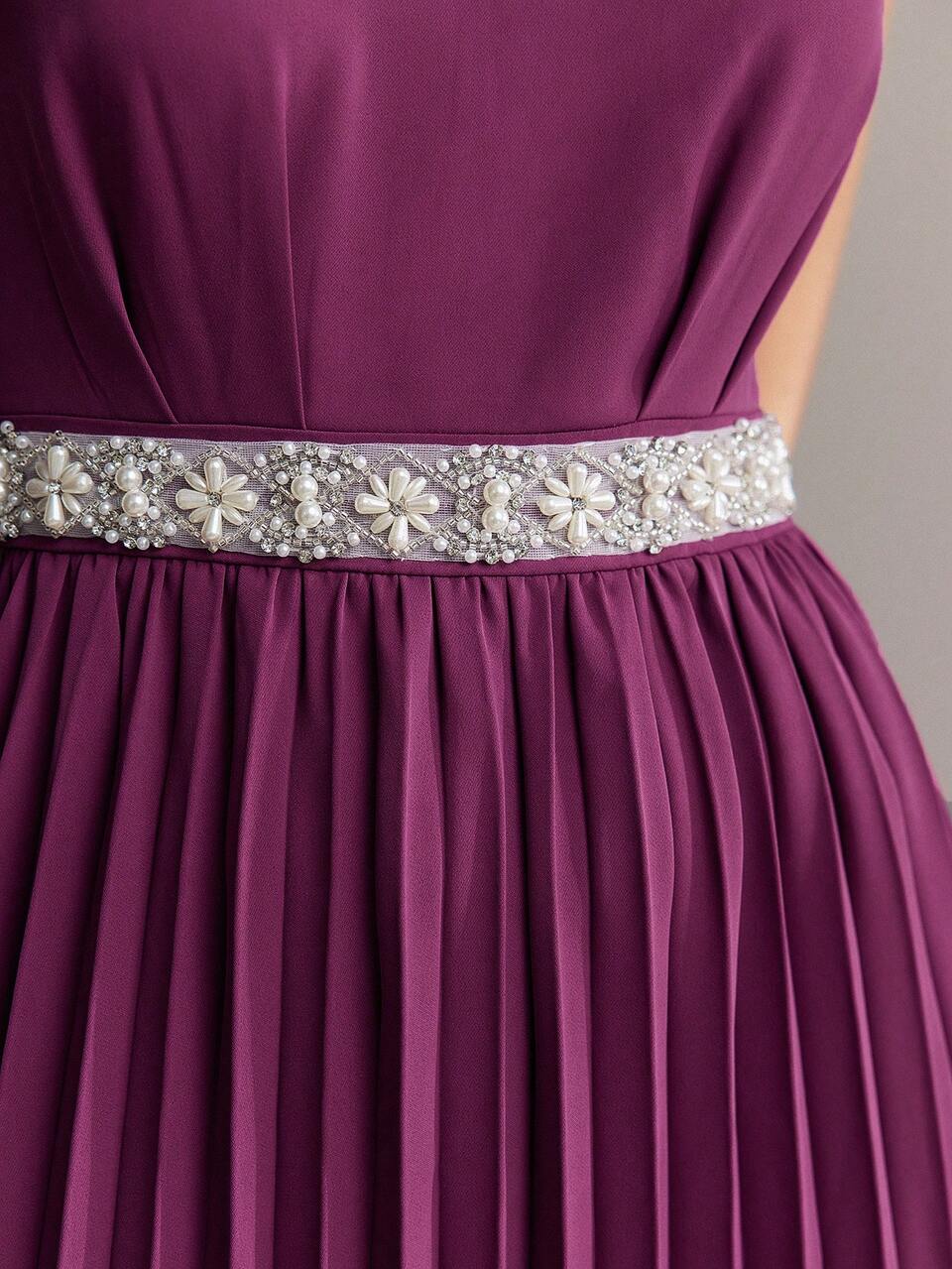 FAUX PEARL AND BEADED WAIST PLEATED HEM DRESS