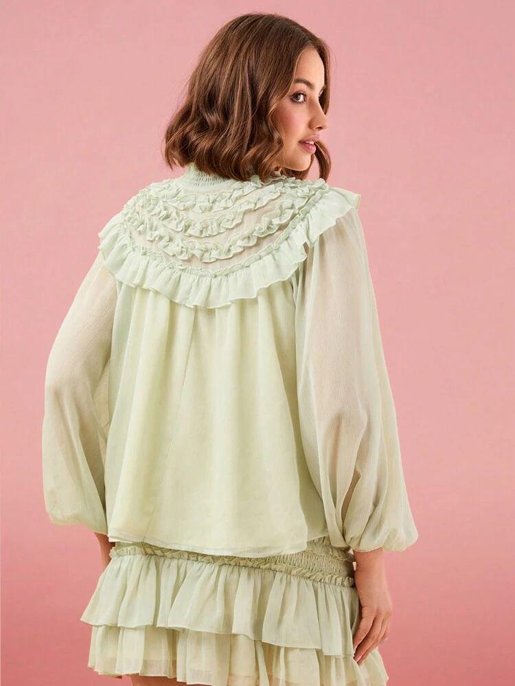 Women's Elegant Solid Color Stand Collar Lantern Sleeve Shirt With Ruffle Trim, Spring/Summer