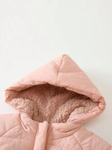 SHEIN Playful Pals 幼儿婴儿女孩休闲收腰蝴蝶结装饰口袋泰迪熊衬里轻质长袖拉链加垫连帽夹克，冬季外套，6M-3T - 粉色 - 查看 4