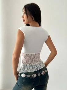 SHEIN Unity Pink Sexy Lace Patchwork Hollow Out Women's Tank Top - White - View 2