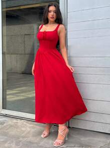 Firerie Romantisches rotes langes Kleid mit quadratischem Ausschnitt für Damen - Rot - Übersicht 6