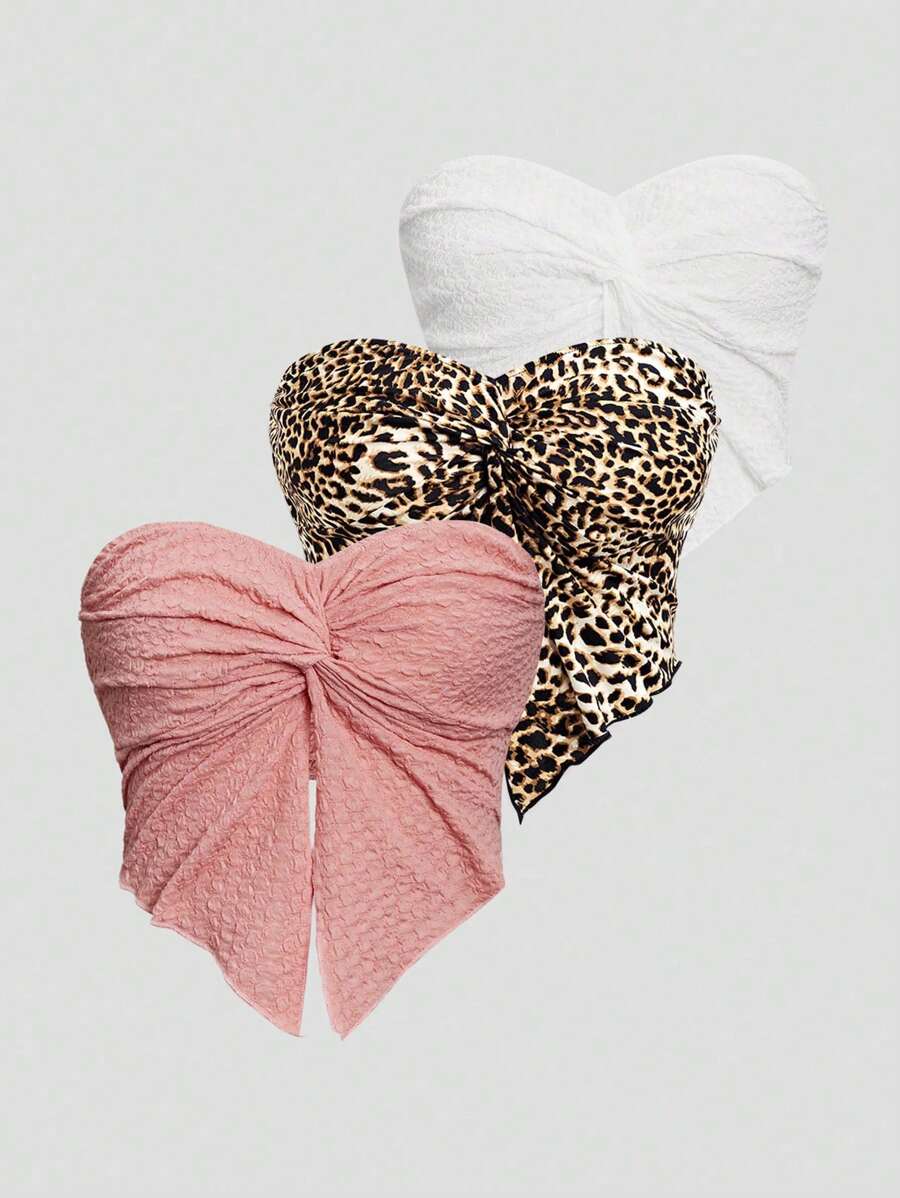 SHEIN Unity Women's Strapless Twist-Knot Backless Sexy Leopard/ Solid Color Simple & Fashionable Top (Multiple Colors) - Multicolor - View 1