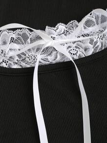 SHEIN Unity T-shirt casual à manches longues avec empiècement en dentelle et nœud devant pour femmes, printemps/été, Crop top noir à manches longues - Noir - Voir 4