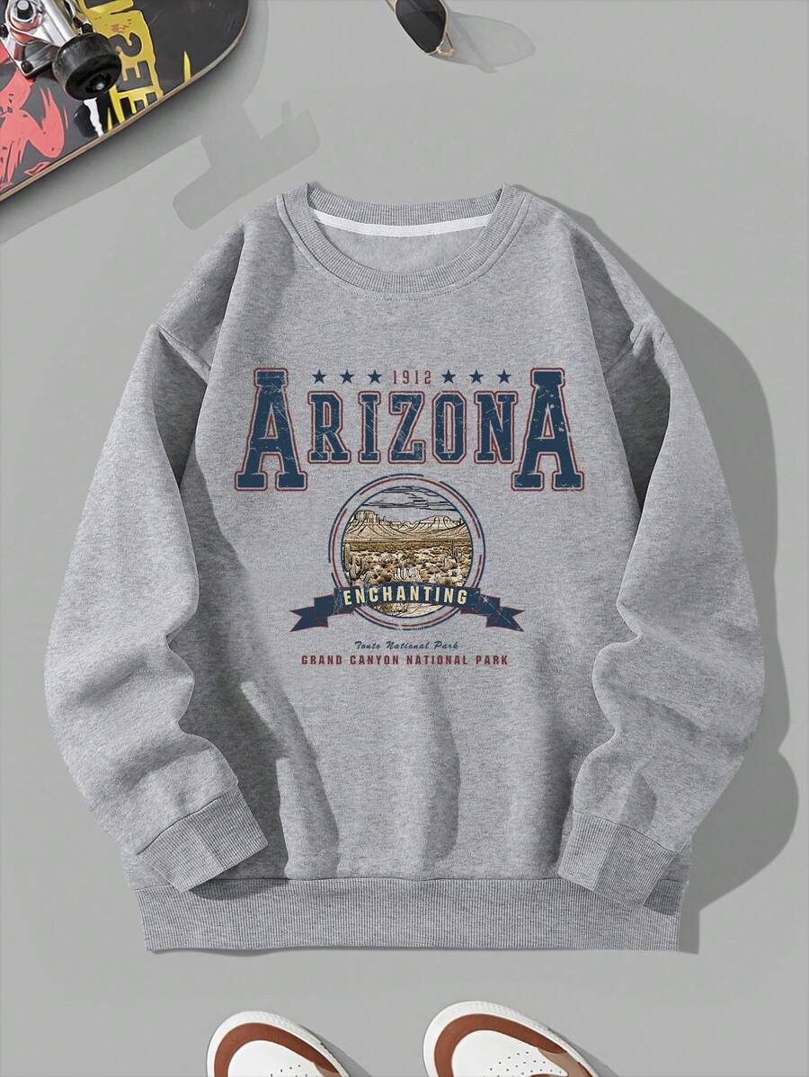 Manfinity Dauomo 男士字母圖案加絨內裏運動衫 - 灰色 - 查看 1