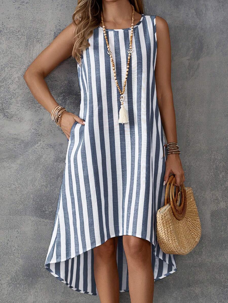 EMERY ROSE Vestido de mujer sin mangas con rayas de estilo campestre para vacaciones en la isla