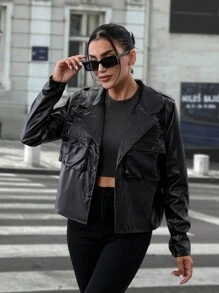 EURMUSE Black Crop Leather Jacket - Black - View 1
