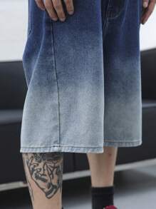 Manfinity Roghcode 男士春夏季加大碼休閒水彩染洗夾克和短褲牛仔套裝 - 深色水洗藍 - 查看 8